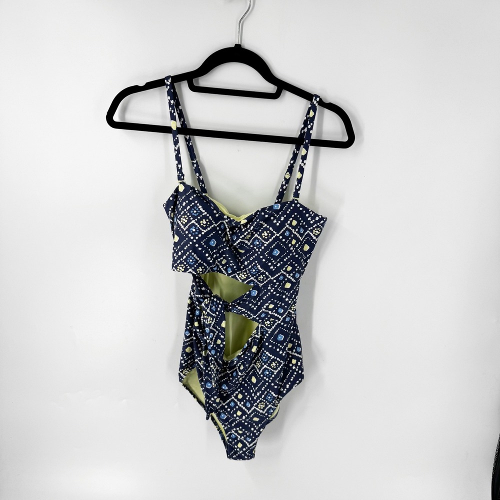 Aerie Navy Blue Yellow Geometric‎ Cutout Tie Front One Piece Swimsuit Large Long